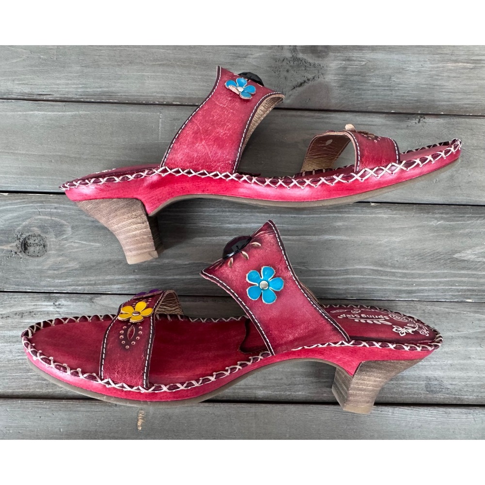 Spring Step L'Artiste Via Red Floral Whipstitch Kitten Heel Slide Sandal 10.5 11 - Picture 8 of 13